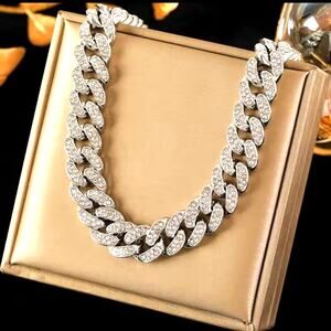 Iced Out Silver Plated Cuban Necklace & Bracelet Set THICK 12mm Valentines Bling